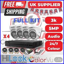 HIKVISION HILOOK 5MP ColorVu CCTV system, Audio Rec, DVR, Cables FULL KIT UK